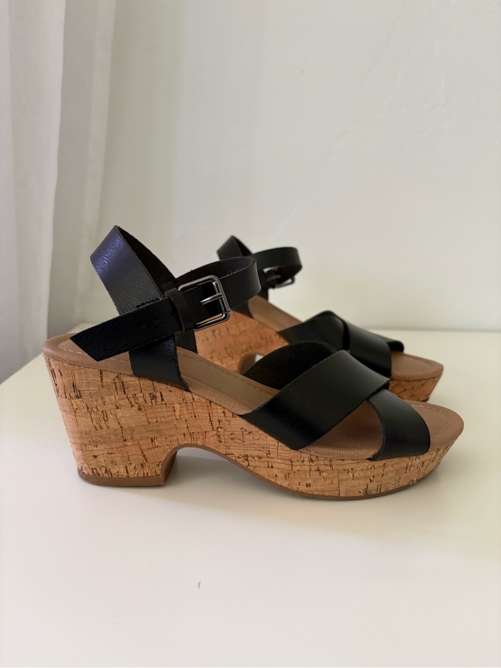 Black Cork Platform Sandals with Ankle Strap